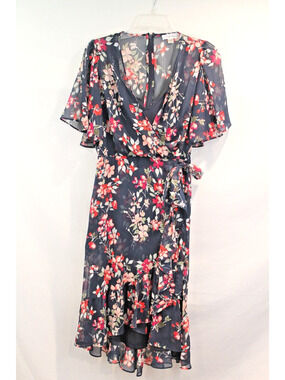 Calvin Klein Faux Wrap Dress Womens size 8 Navy Floral Flutter Sleeve Hi-Low Hem